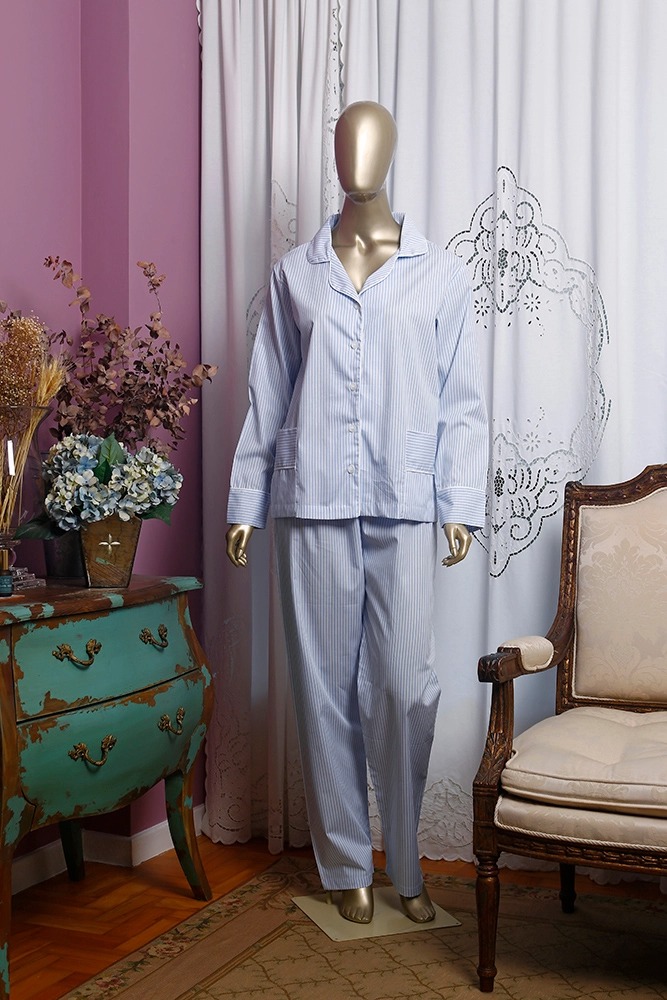 Pijama Listrado Azul e Branco - Lillas en Provence | Luxo conforto na